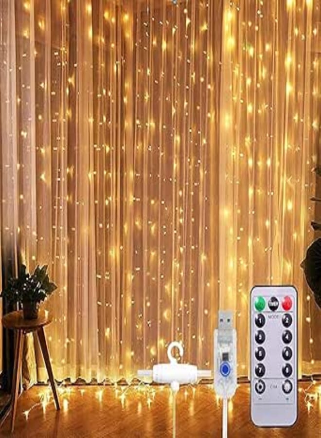 BUYPLUS 8 Modes Curtain Fairy Lights with Remote and USB Supply 300 LEDs 10 Curatin Light 3Mtr Each Indoor/Outdoor LED Lights for Home Decoration Wall Hangings Wall Lights Birthday Decoration Items